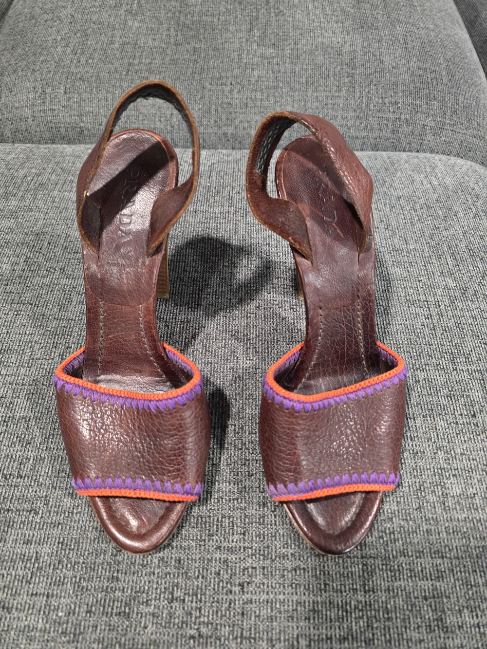 Prada Brown Leather Slingback Heels with Purple & Orange Trim